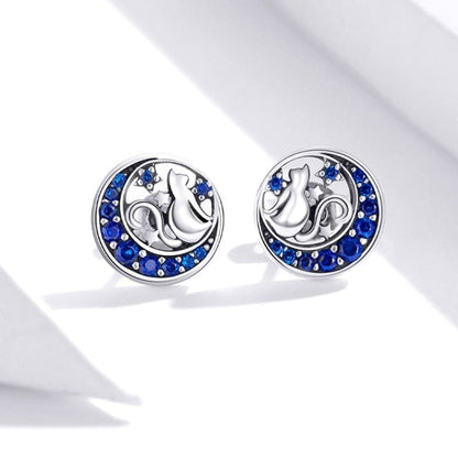 Sterling Silver Cat Earrings on Blue Crescent Moon with Zircon Stones-Earrings-2-Colydia