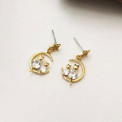 Elegant Cat on Crescent Moon Earrings with White Zircon Stones-Earrings-3-Colydia