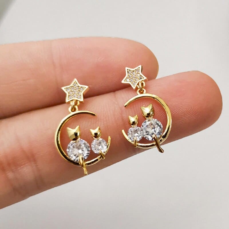 Elegant Cat on Crescent Moon Earrings with White Zircon Stones-Earrings-5-Colydia