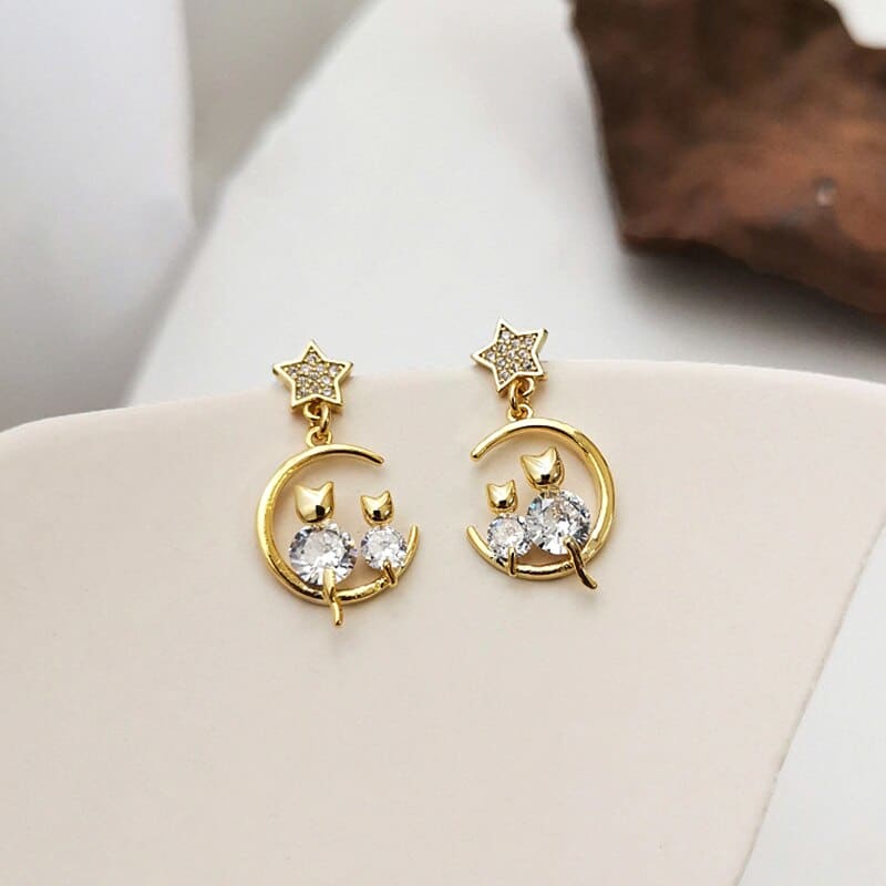 Elegant Cat on Crescent Moon Earrings with White Zircon Stones-Earrings-2-Colydia