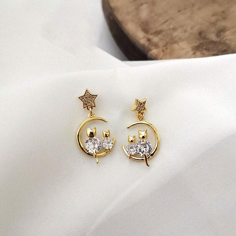 Elegant Cat on Crescent Moon Earrings with White Zircon Stones-Earrings-4-Colydia