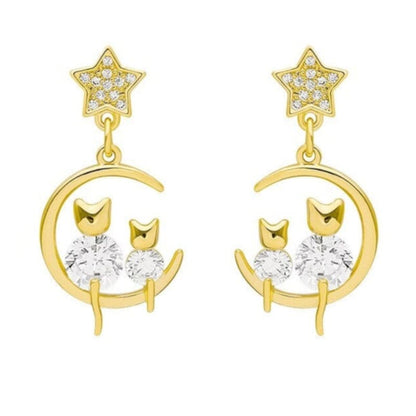 Elegant Cat on Crescent Moon Earrings with White Zircon Stones-Earrings-1-Colydia