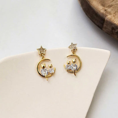 Elegant Cat on Crescent Moon Earrings with White Zircon Stones-Earrings-6-Colydia