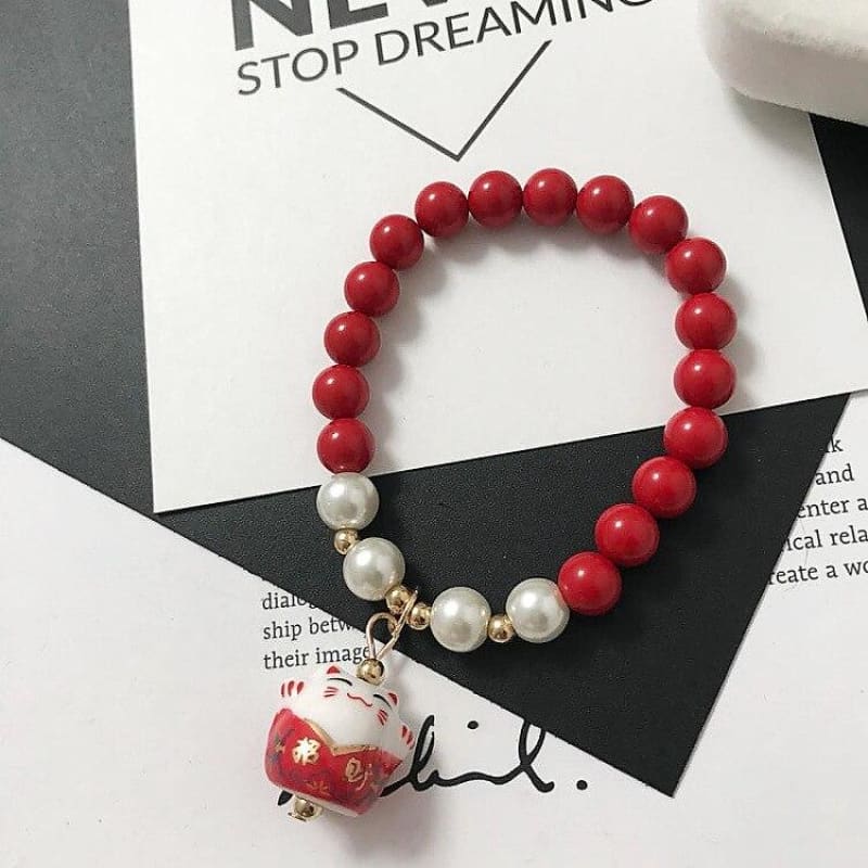 Elegant Japanese Cat Bracelet with Koi Beads in Vibrant Colors-Jewelry Bracelet-Red-2-Colydia