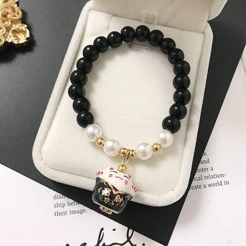 Elegant Japanese Cat Bracelet with Koi Beads in Vibrant Colors-Jewelry Bracelet-Black-3-Colydia