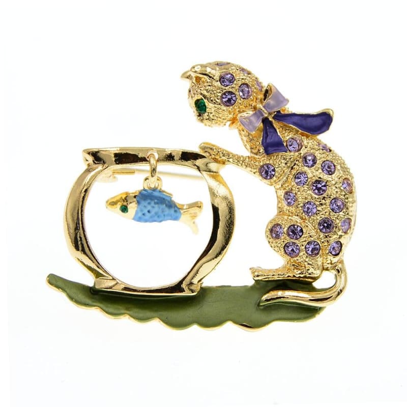 Elegant Cat and Goldfish Brooch - Unique Zinc Alloy Gift for Women-Brooch-Blue-1-Colydia