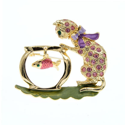 Elegant Cat and Goldfish Brooch - Unique Zinc Alloy Gift for Women-Brooch-Pink-5-Colydia