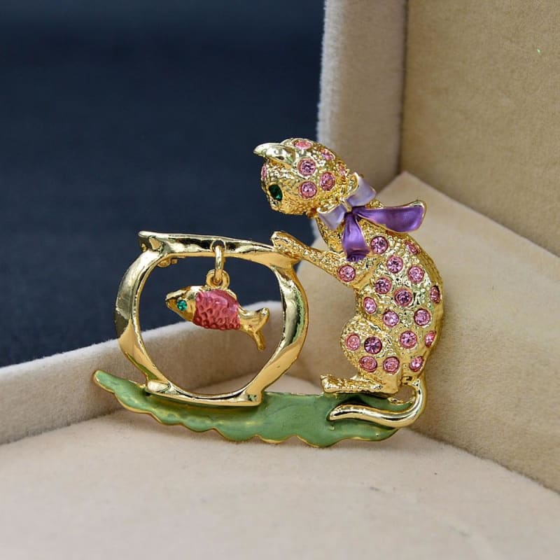 Elegant Cat and Goldfish Brooch - Unique Zinc Alloy Gift for Women-Brooch-3-Colydia