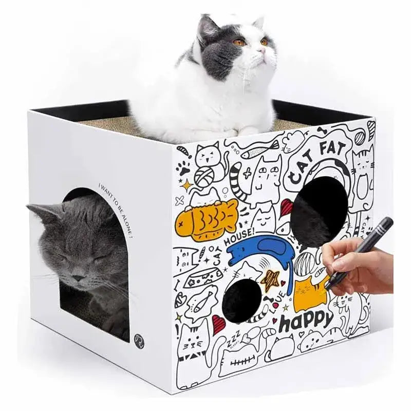 Customizable 3-in-1 Cardboard Cat House with Scratcher Boards-Cat House and Scratcher-1-Colydia