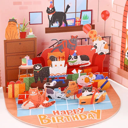 Charming 3D Pop Up Cat Birthday Card with Personalized Message Space-Greeting Card-2-Colydia