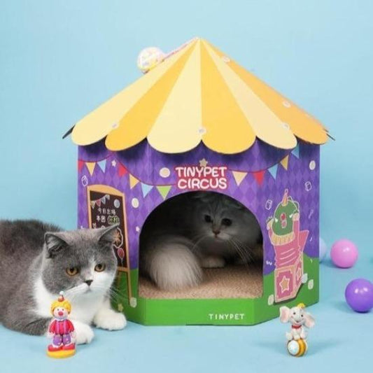 Colorful Circus Tent with Scratcher & Toys for Cats' Playful Adventure-Cat Scratching Post and Play Tent-1-Colydia