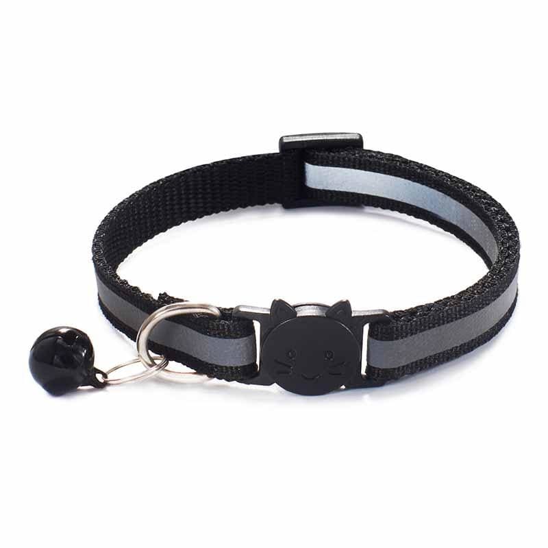 Reflective Adjustable Cat Collar with Removable Bell, Nylon Safety-Cat Collar-Black-4-Colydia