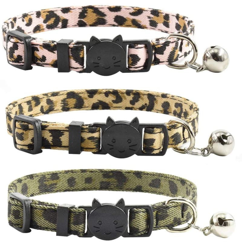 Adjustable Leopard Print Cat Collar with Bell & Safety Buckle-Cat Collar-Set of 3 Cat Collars-280mm x 10mm-1-Colydia