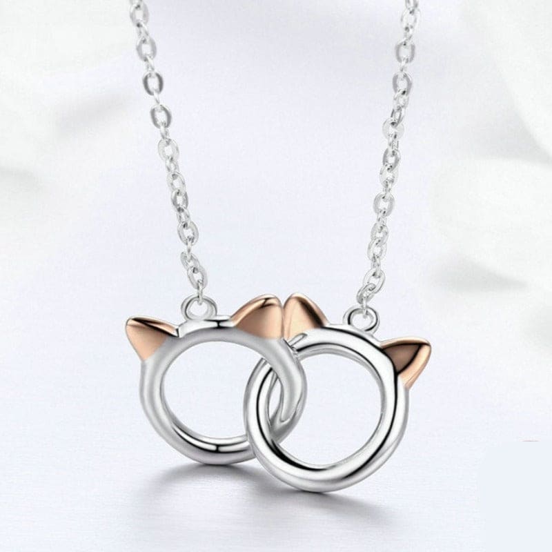 Silver Cat Head Intertwined Pendant Necklace with Gold Ear Detailing-Cat-themed Pendant Necklace-3-Colydia