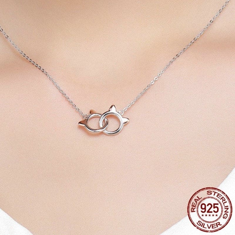 Silver Cat Head Intertwined Pendant Necklace with Gold Ear Detailing-Cat-themed Pendant Necklace-5-Colydia