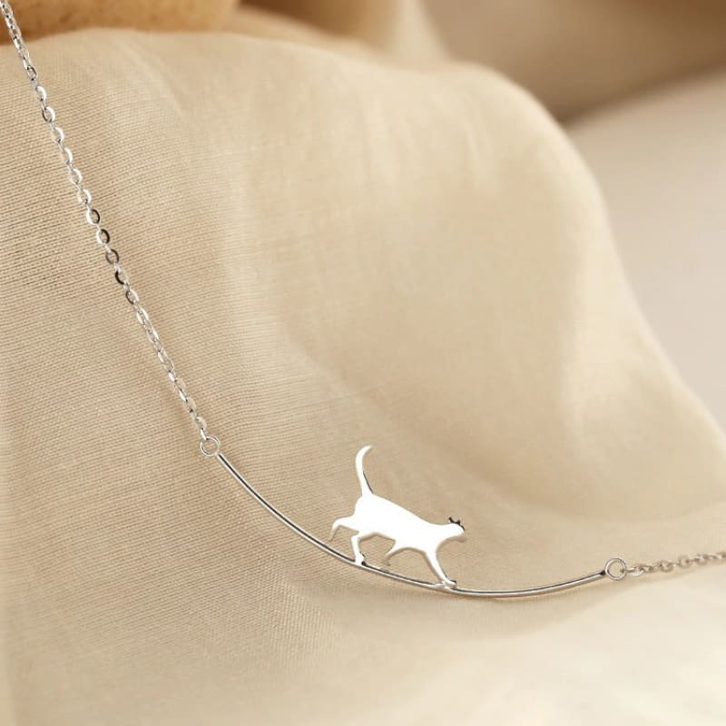 925 Silver Cat Pendant Necklace with Walking Kitten Design for Women-Cat Pendant Necklace-6-Colydia