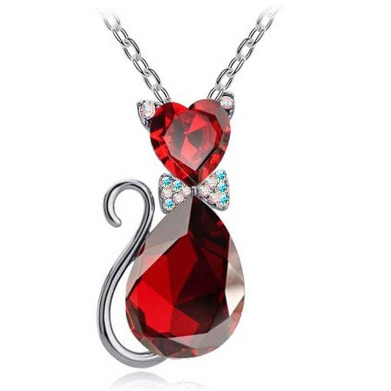 Sparkling Crystal Cat Pendant Necklace for Women - Zinc Alloy-Jewelry-Red-4-Colydia