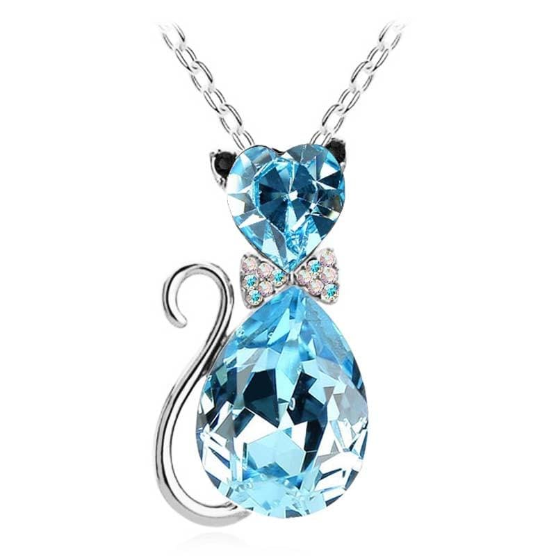 Sparkling Crystal Cat Pendant Necklace for Women - Zinc Alloy-Jewelry-Blue-1-Colydia