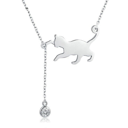 Silver Cat Pendant Necklace with Crystal Yarn Ball 925 Silver-Cat Pendant Necklace-1-Colydia