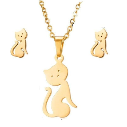 Elegant Vermeil Gold Cat Pendant Necklace - Set with Earrings-Jewelry Set-48cm-2-Colydia