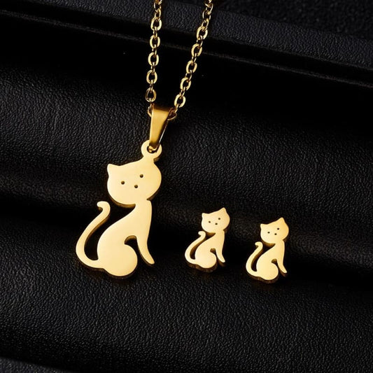 Elegant Vermeil Gold Cat Pendant Necklace - Set with Earrings-Jewelry Set-48cm-1-Colydia