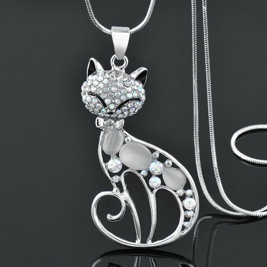 Adorable Smiling Cat Necklace with Opal Zirconium - 74cm Chain-Jewelry - Cat Pendant Necklace-White (6 cm)-1-Colydia