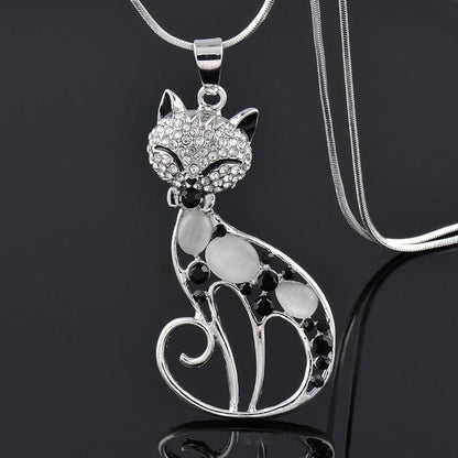 Adorable Smiling Cat Necklace with Opal Zirconium - 74cm Chain-Jewelry - Cat Pendant Necklace-Black (6 cm)-2-Colydia