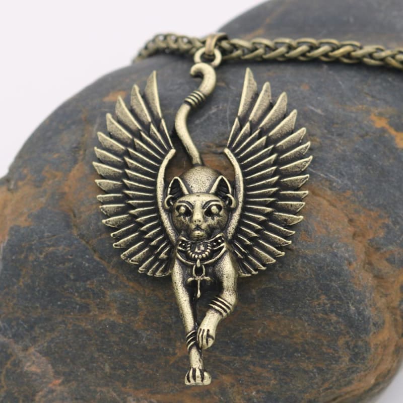 Elegant Sphinx Cat Necklace with Wings - Silver & Bronze Finish-Sphinx Cat Pendant Necklace-Bronze-2-Colydia