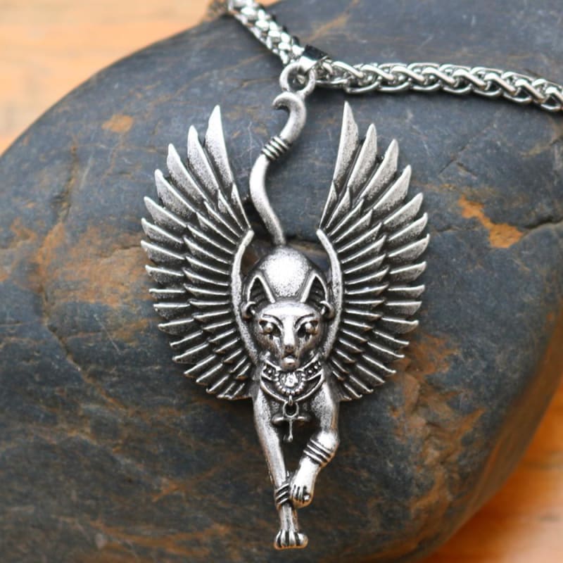 Elegant Sphinx Cat Necklace with Wings - Silver & Bronze Finish-Sphinx Cat Pendant Necklace-Silver-1-Colydia