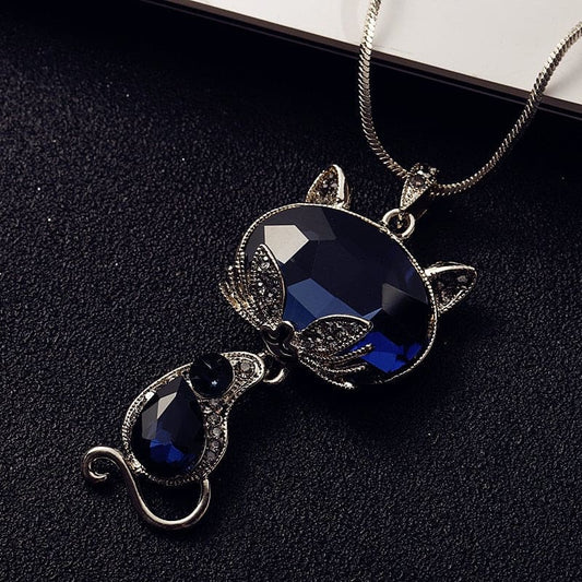 Blue Crystal Cat Silhouette Necklace - Elegant Feline Jewelry-Cat Pendant Necklace-1-Colydia