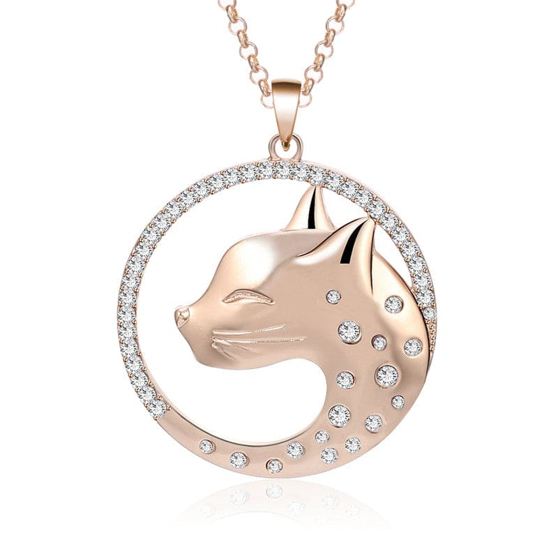 Bengal Cat Pendant Necklace with Zirconia, Hypoallergenic Alloy-Bengal Cat Pendant Necklace-Rose Gold-1-Colydia