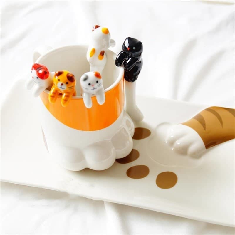 Handmade Ceramic Cat Mugs Spoons Set - Cute Kitchen Accessories-Ceramic Cat Mug Set-5 spoons-4-Colydia