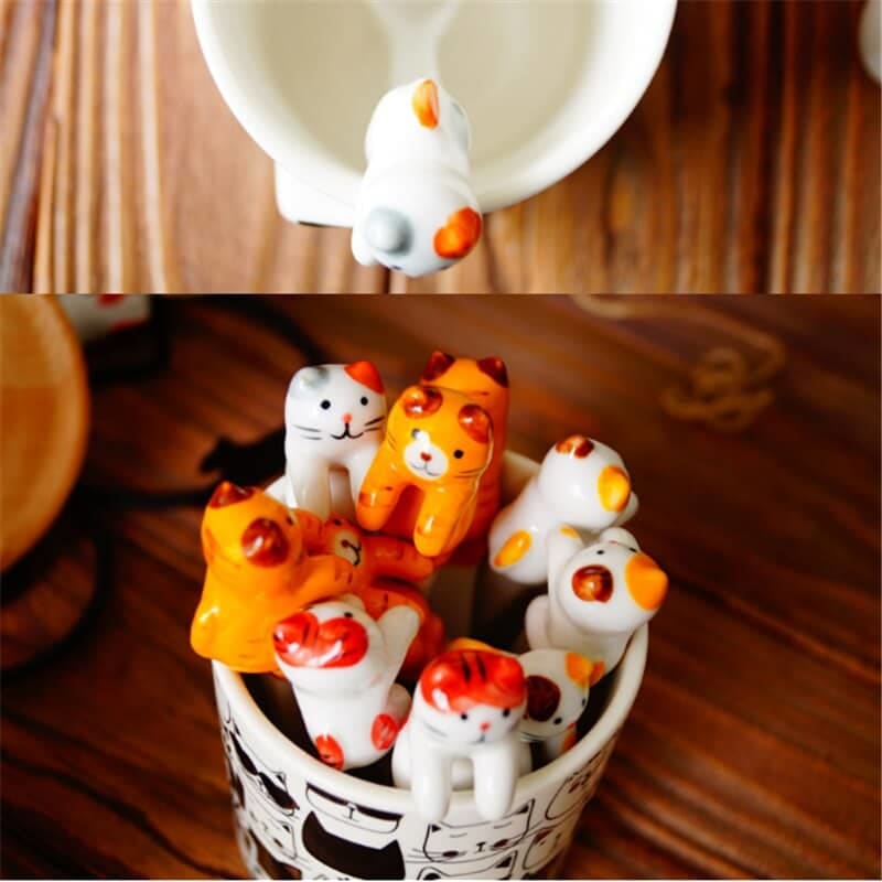 Handmade Ceramic Cat Mugs Spoons Set - Cute Kitchen Accessories-Ceramic Cat Mug Set-5 spoons-2-Colydia