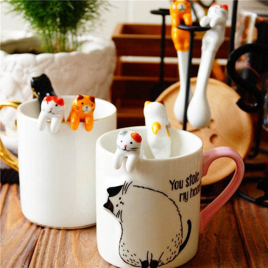 Handmade Ceramic Cat Mugs Spoons Set - Cute Kitchen Accessories-Ceramic Cat Mug Set-5 spoons-1-Colydia