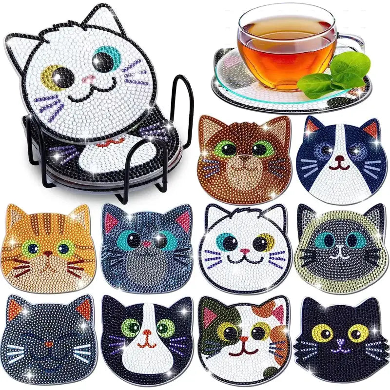 DIY Cat Coaster Set with Diamond Embroidery and Holder, Pack of 10-DIY Cat Coaster Set-10 pieces Cats-2-Colydia