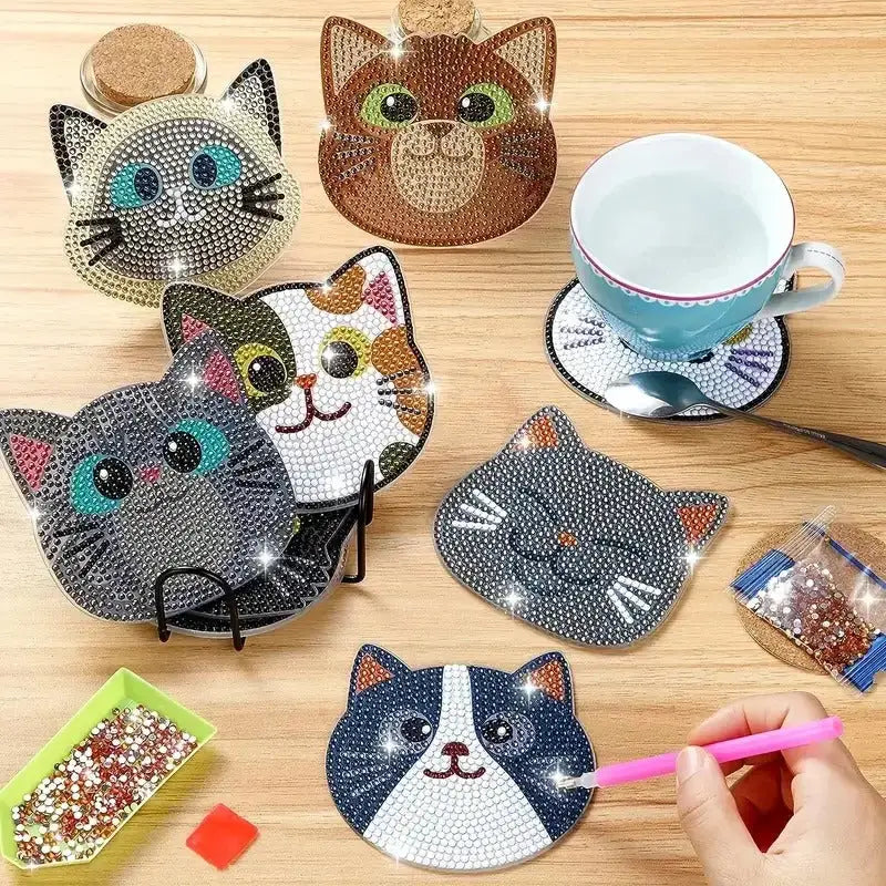 DIY Cat Coaster Set with Diamond Embroidery and Holder, Pack of 10-DIY Cat Coaster Set-10 pieces Cats-1-Colydia