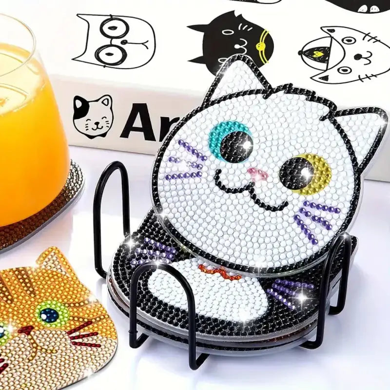 DIY Cat Coaster Set with Diamond Embroidery and Holder, Pack of 10-DIY Cat Coaster Set-10 pieces Cats-3-Colydia