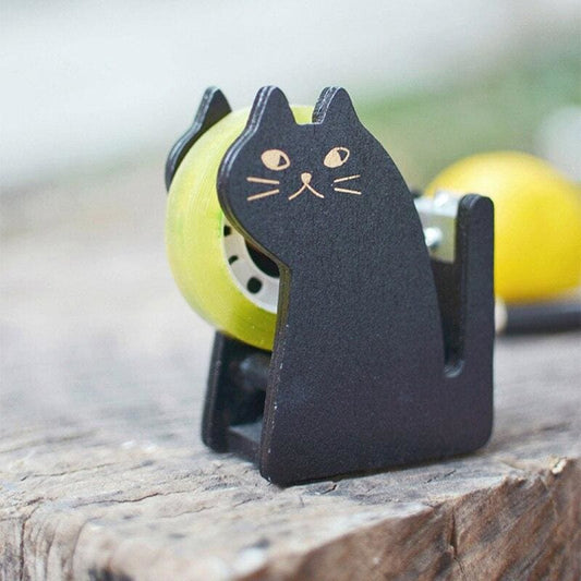 Feline Themed Wooden Tape Dispenser for Left & Right Handed Users-Tape Dispenser-Black-1-Colydia