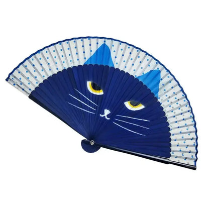 Hand-Painted Cat Pocket Fan – Elegant, Foldable Bamboo & Silk Design-Hand-Painted Pocket Fan-Navy Blue-9-Colydia