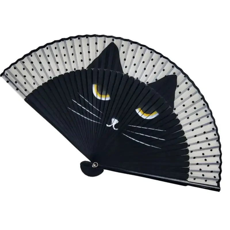 Hand-Painted Cat Pocket Fan – Elegant, Foldable Bamboo & Silk Design-Hand-Painted Pocket Fan-Black-8-Colydia