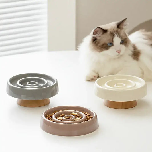 Elegant Anti-Gulping Cat Bowl - Durable Ceramic & Wood Design-Anti-Gulping Cat Bowl-1-Colydia