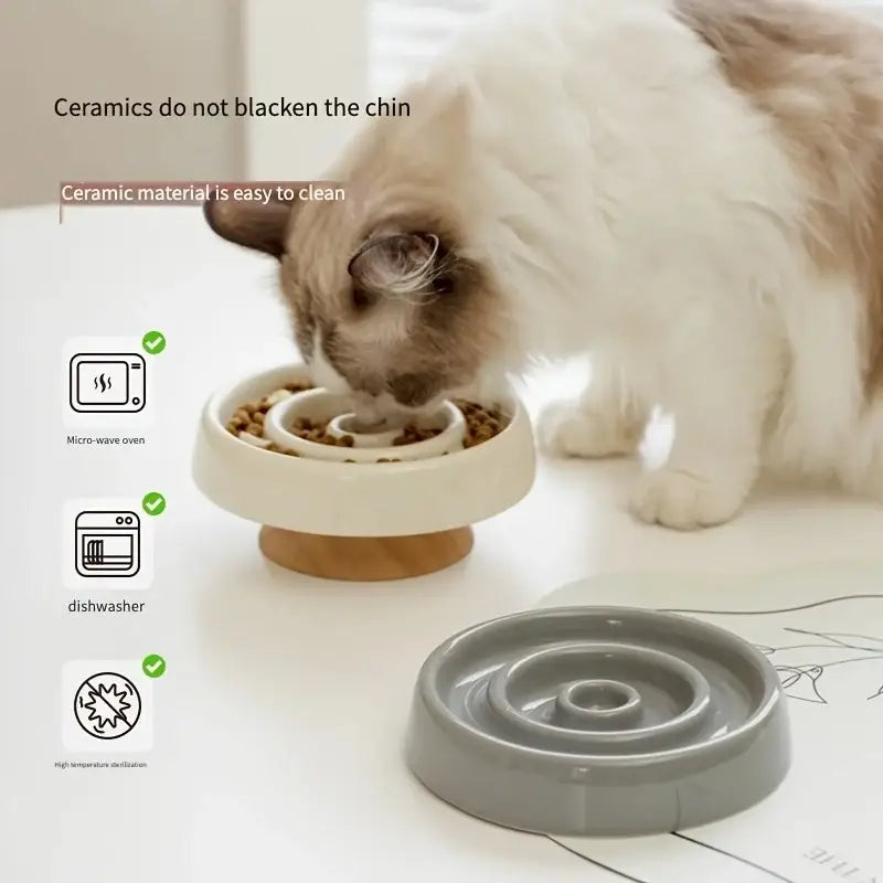 Elegant Anti-Gulping Cat Bowl - Durable Ceramic & Wood Design-Anti-Gulping Cat Bowl-5-Colydia