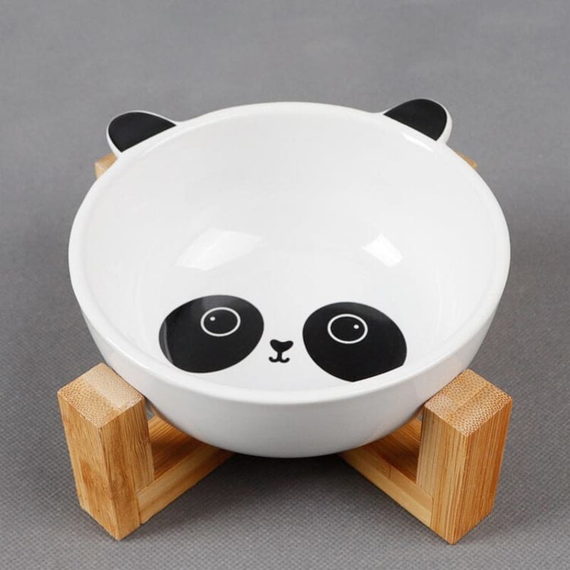 Elevated Ceramic Cat Bowl with Wooden Stand in Kawaii Style-Elevated Cat Bowl-Panda-10-Colydia