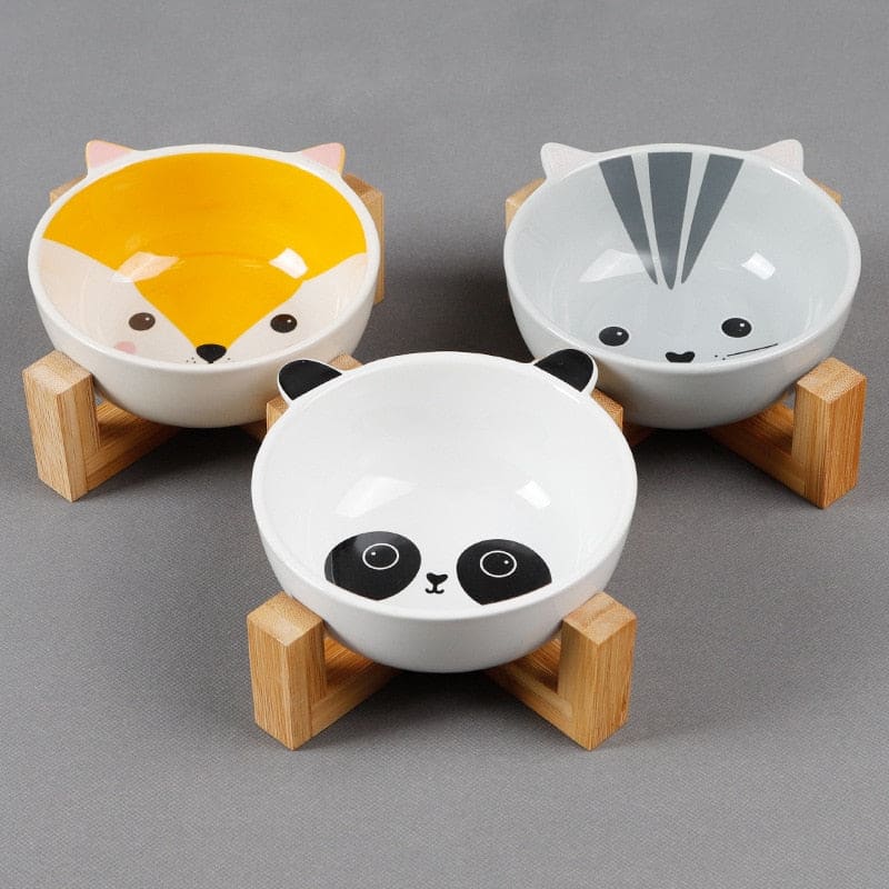 Elevated Ceramic Cat Bowl with Wooden Stand in Kawaii Style-Elevated Cat Bowl-2-Colydia