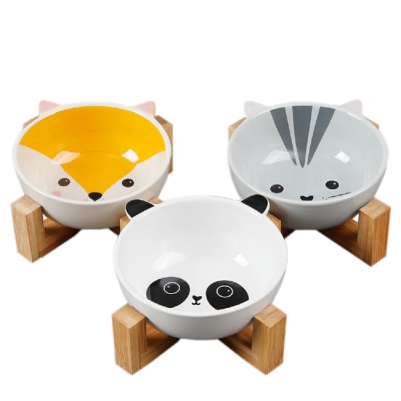 Elevated Ceramic Cat Bowl with Wooden Stand in Kawaii Style-Elevated Cat Bowl-4-Colydia