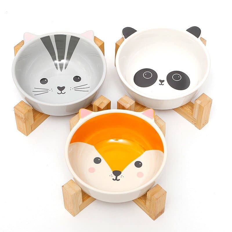 Elevated Ceramic Cat Bowl with Wooden Stand in Kawaii Style-Elevated Cat Bowl-3-Colydia