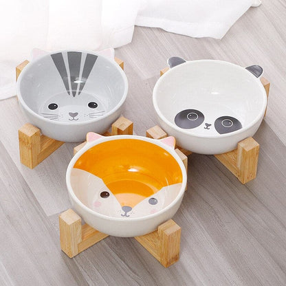 Elevated Ceramic Cat Bowl with Wooden Stand in Kawaii Style-Elevated Cat Bowl-1-Colydia