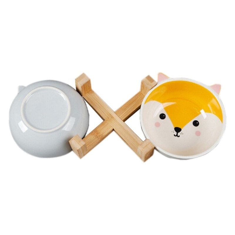 Elevated Ceramic Cat Bowl with Wooden Stand in Kawaii Style-Elevated Cat Bowl-6-Colydia