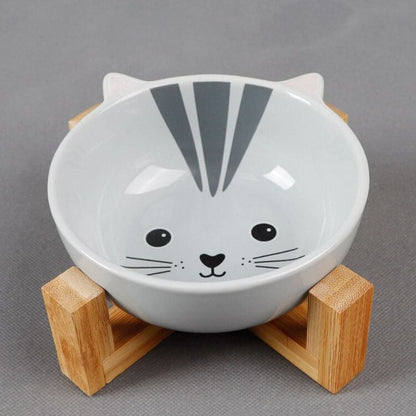 Elevated Ceramic Cat Bowl with Wooden Stand in Kawaii Style-Elevated Cat Bowl-Cat-5-Colydia