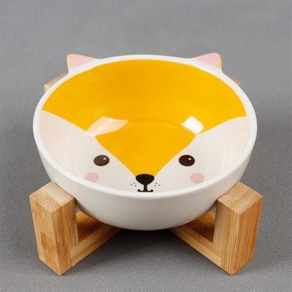 Elevated Ceramic Cat Bowl with Wooden Stand in Kawaii Style-Elevated Cat Bowl-Fox-9-Colydia